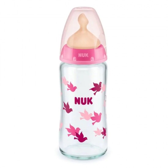 NUK First Choice+ Γυάλινο Μπιμπερό με Δείκτη Ελέγχου Θερμοκρασίας, Θηλή Latex 0-6m, Χρώμα Ροζ 240ml