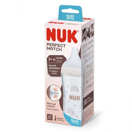 Nuk Perfect Match Γυάλινο Μπιμπερό PP Medium 3m + Με Μαλακή Θηλή Σιλικόνης Κατά Των Κολικών & Με Δείκτη Ελέγχου Θερμοκρασίας 230ml