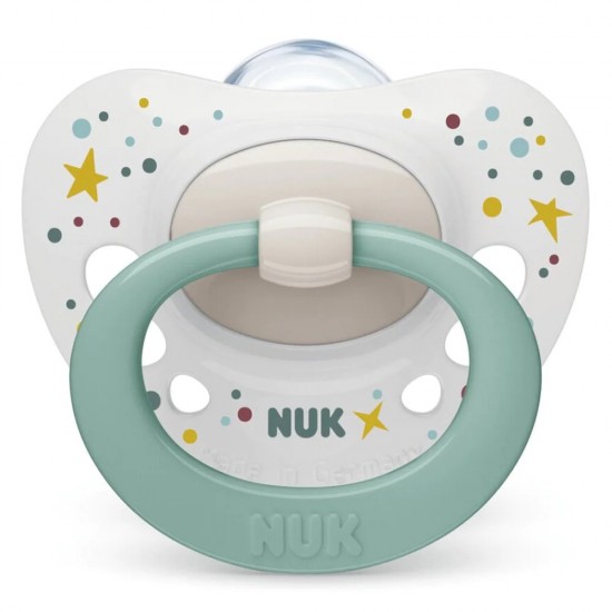 NUK Signature Πιπίλα Σιλικόνης 0-6m, Χρώμα Λευκό με Πράσινο κρίκο 1 τεμάχιο 