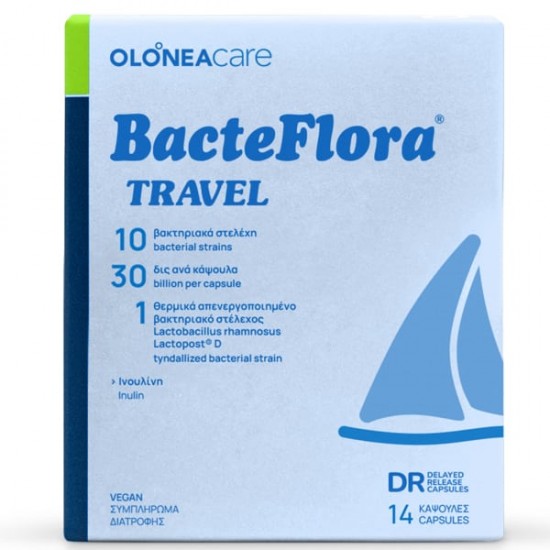  Olonea BacteFlora Travel Συμπλήρωμα Διατροφής 10 Προβιοτικών Στελεχών για την Αντιμετώπιση της Διάρροιας 14caps