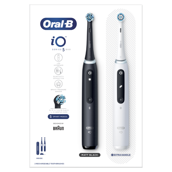 Oral-B iO Series 5 Duo Matt Black & White, Επαναφορτιζόμενες Ηλεκτρικές Οδοντόβουρτσες, με 5 Έξυπνα Προγράμματα 2 Τεμάχια
