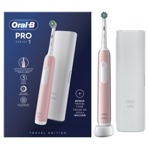 Oral-B Pro Series 1 Electric Toothbrush with Travel Case Ηλεκτρική Οδοντόβουρτσα Ροζ με Χρονομετρητή Αισθητήρα Πίεσης & Θήκη Ταξιδίου 