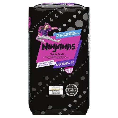 Pampers Ninjamas Pyjama Pants 27-43kg Πάνες Βρακάκι για τη Νύχτα, Κορίτσια 8-12 Ετών 9τεμ