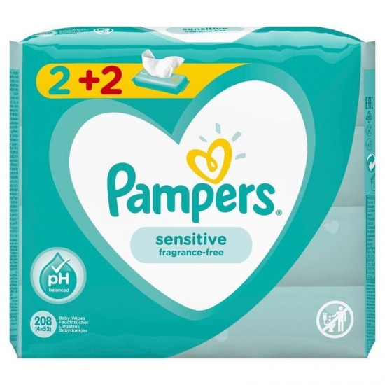 Pampers Baby Wipes Sensitive Μωρομάντηλα 2+2 Δώρο, 4x52τμχ