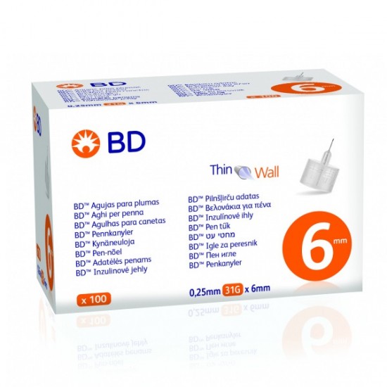 BD Thin Wall Αποστειρωμένες Βελόνες για Πένα Ινσουλίνης 31GX6MM 100 Tμχ