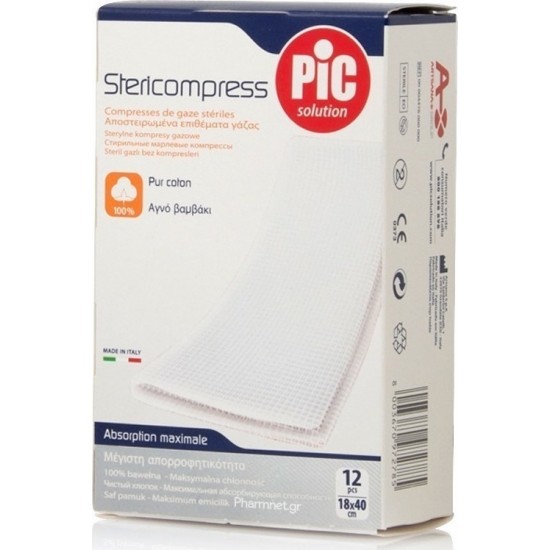 Pic Solution Stericompress, Αποστειρωμένα Επιθέματα Γάζας από 100% Αγνό Βαμβάκι 18x40cm 12  Τεμάχια