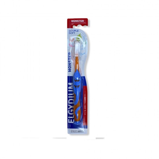 Elgydium Kids Monster Souple Soft, Οδοντόβουρτσα για Παιδιά 2-6 Ετών, Χρώμα Πορτοκαλί & Γαλάζιο