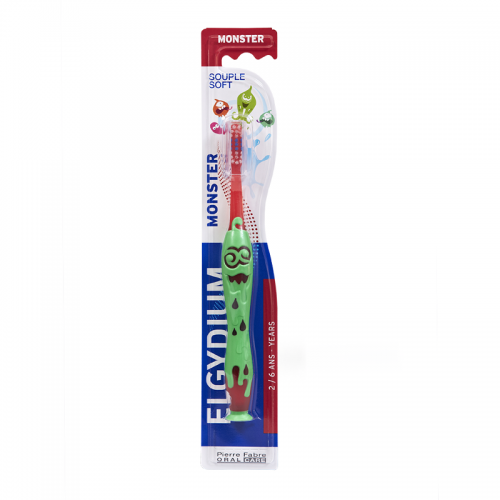 Elgydium Kids Monster Souple Soft, Οδοντόβουρτσα για Παιδιά 2-6 Ετών, Χρώμα Κόκκινο & Πράσινο