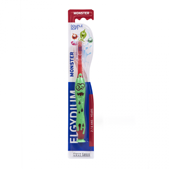 Elgydium Kids Monster Souple Soft, Οδοντόβουρτσα για Παιδιά 2-6 Ετών, Χρώμα Κόκκινο & Πράσινο
