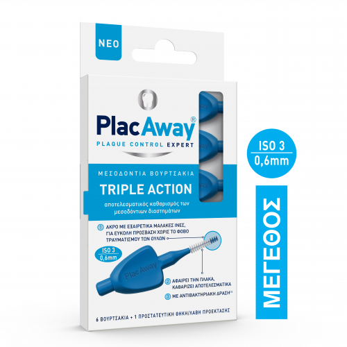 Plac Away Μεσοδόντιο Βουρτσάκι Triple Action 0.6mm, ISO 3, Μπλε, 6τεμ