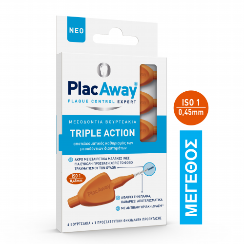 Plac Away Μεσοδόντιο Βουρτσάκι Triple Action 0.45mm, ISO 1, Πορτοκαλί, 6τεμ