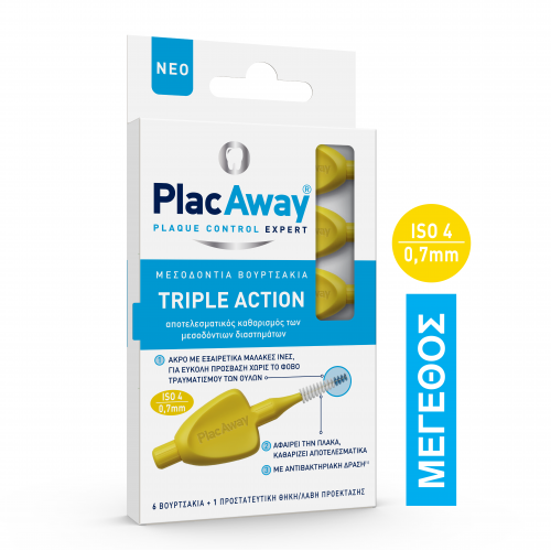 Plac Away Μεσοδόντιο Βουρτσάκι Triple Action 0.7mm, ISO 4, Κίτρινο, 6τεμ