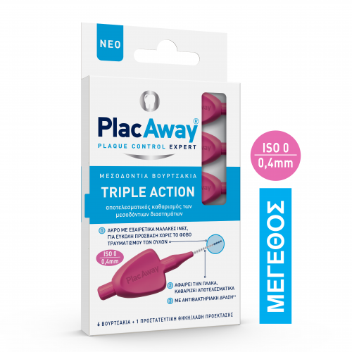 Plac Away Μεσοδόντιο Βουρτσάκι Triple Action 0.4mm, ISO 0, Ροζ, 6τεμ