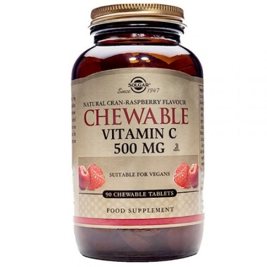Solgar Vitamin C 500mg 90 Chewable Tabs, Rasberry Flavour, Συμβάλλει στην ομαλή λειτουργία του ανοσοποιητικού & νευρικού συστήματος