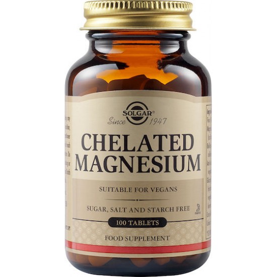 Solgar Chelated Magnesium 100mg, 100Tabs. Βοηθά στην τόνωση του νευρικού συστήματος