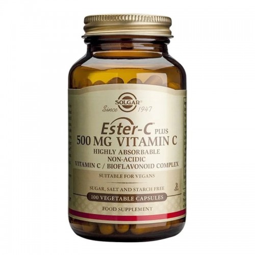 Solgar Ester-C 500mg 100Veg.Caps. Συμβάλλει στην ομαλή λειτουργία του ανοσοποιητικού & νευρικού συστήματος