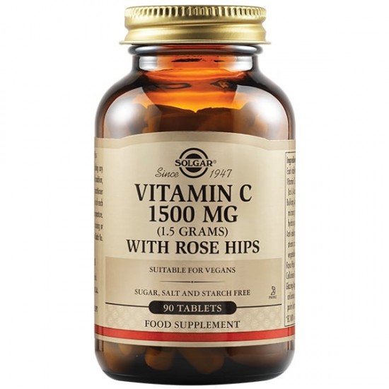 Solgar Vitamin C with Rose Hips 1500mg, 90Tabs. Βοηθά στην αντιμετώπιση του οξειδωτικού στρες