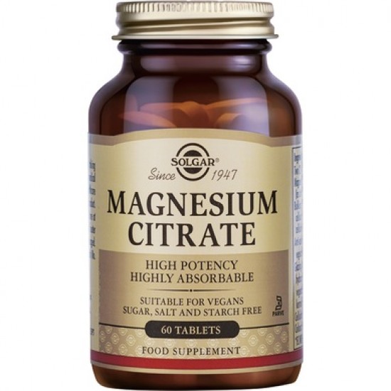 Solgar Magnesium Citrate 200mg 60Tabs. Βοηθά στην τόνωση του νευρικού συστήματος 