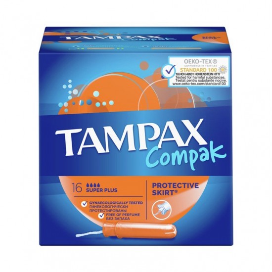 Tampax Compak Super Plus Protective Skirt Ταμπόν με Απλικατέρ, Μεγάλη Ροή 16Τμχ