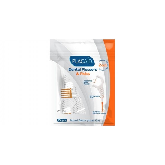 Plac Aid Dental Flosser & Picks Οδοντικό Νήμα με Λαβή Πορτοκαλί 24τεμ