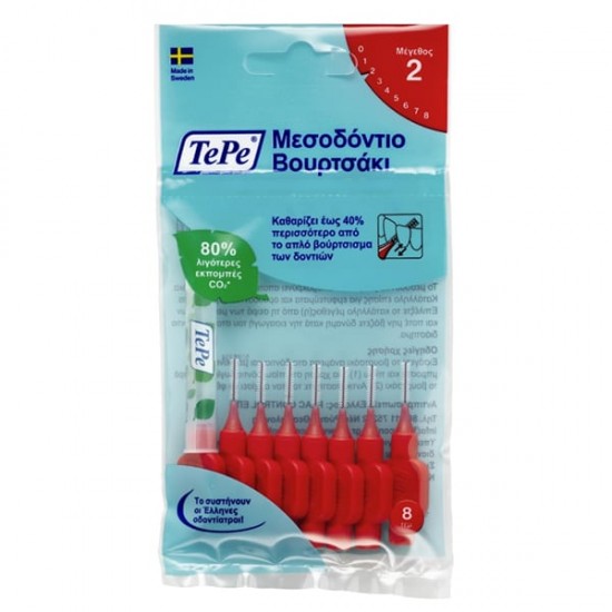 Tepe Μεσοδόντια Βουρτσάκια 8τμχ  0,50mm Size 2, Κόκκινο