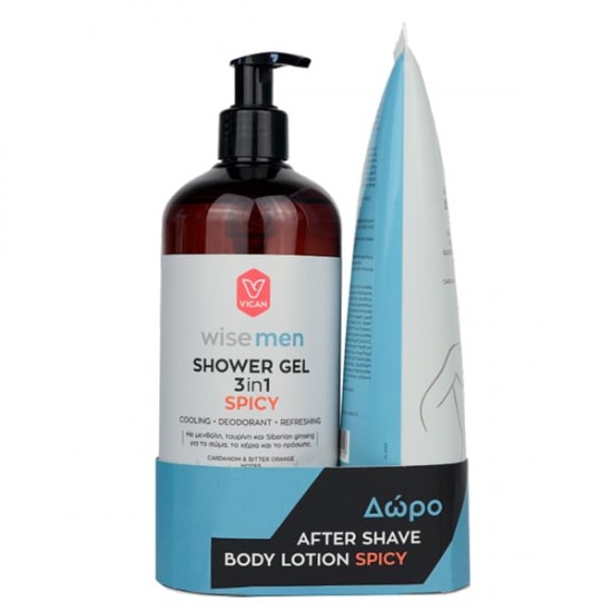 Vican Promo Wise Men Shower Gel 3 in 1 Spicy Αφρόλουτρο 500ml & Δώρο After Shave Body Lotion Spicy Ενυδατική Λοσιόν Σώματος, 200ml