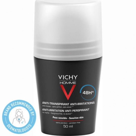 Vichy Homme Deodorant Anti-Transpirant Roll-On 48h, Αποσμητικό κατά της Εφίδρωσης με 48-ωρη Προστασία  50ml