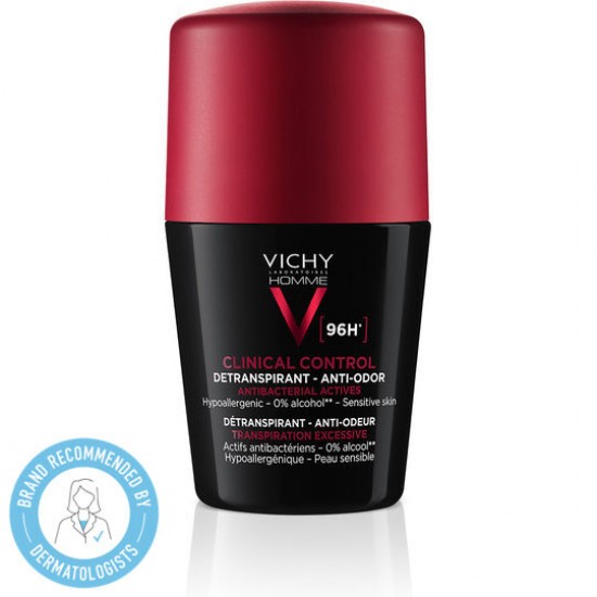 Vichy Homme Clinical Control 96h Detranspirant Anti-Odor Deodorant Roll-on, Αποσμητικό για Ευαίσθητες Επιδερμίδες 50ml