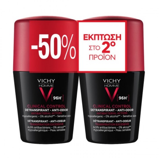 Vichy Promo Homme Clinical Control 96h Roll-on Ανδρικό Αποσμητικό για Ευαίσθητες Επιδερμίδες  -50% στο 2ο Προϊόν 2x50ml