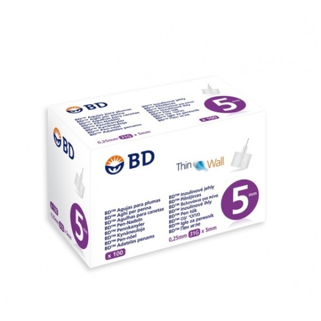 BD Thin Wall Αποστειρωμένες Βελόνες για Πένες Ινσουλίνης 31G 0,25 x 5mm 100τεμ.