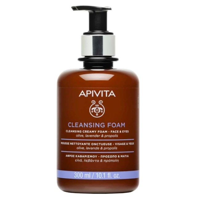 Apivita Cleansing Foam, Κρεμώδης Αφρός Καθαρισμού για Πρόσωπο & Μάτια με Ελιά και Λεβάντα 300ml