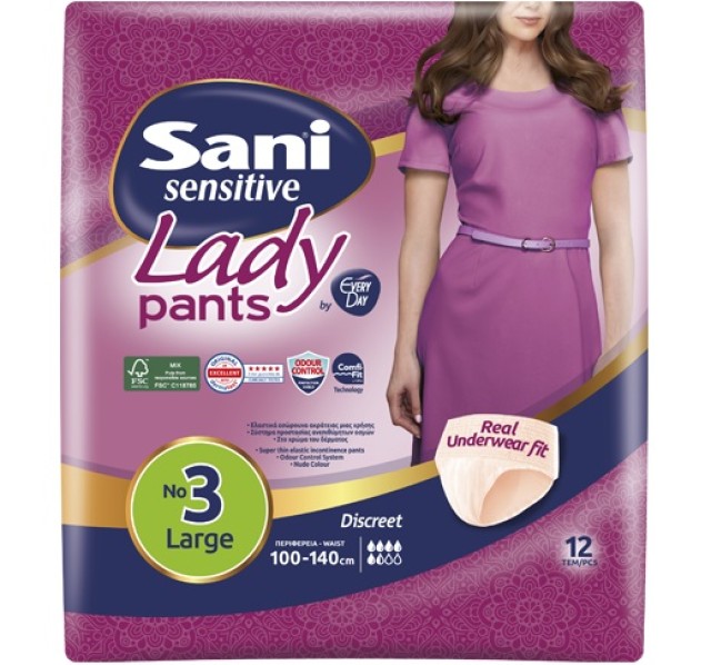 Sani Sensitive Lady Pants No3 Large Γυναικεία Ελαστικά Εσώρουχα Ακράτειας 12 Τεμάχια