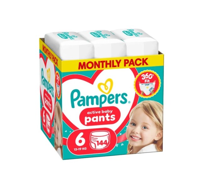 Pampers Active Baby Pants No6 13-19kg Πάνες - Βρακάκι 144τεμ (Monthly Pack) 