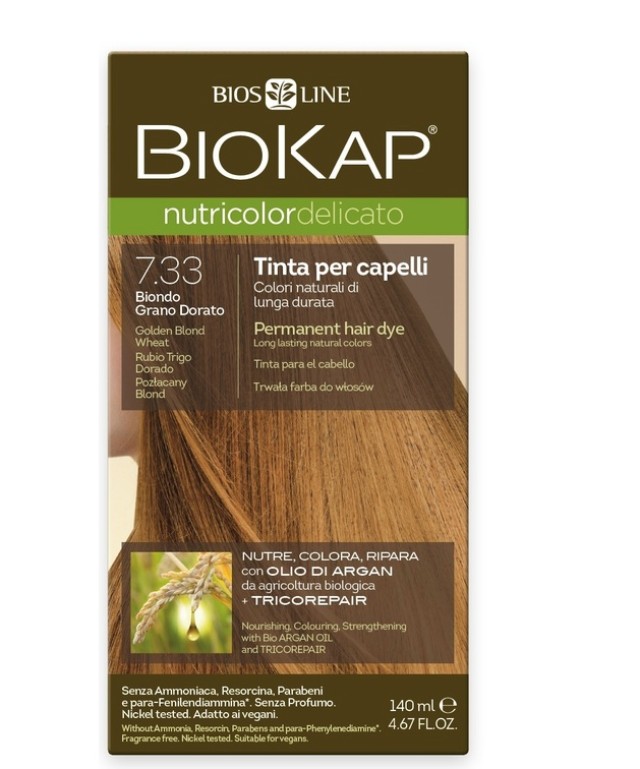 Biokap N7.33 Golden Blond-Wheat, Βαφή Μαλλιών Χρώμα Φυσικό Ξανθό Χρυσαφί Σταρένιο 140ml