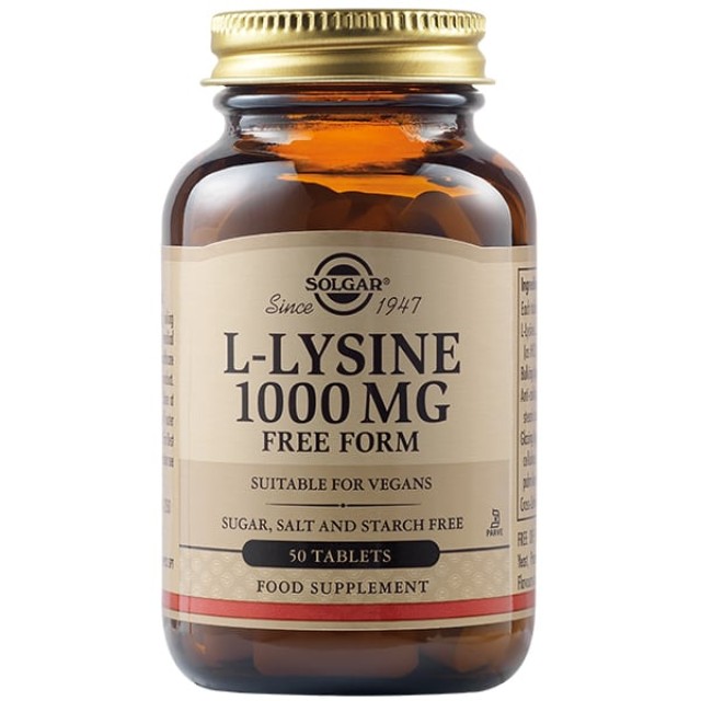Solgar L-Lysine 1000mg, 50Tabs. Συμβάλλει στην παραγωγή ορμονών, ενζύμων και αντισωμάτων