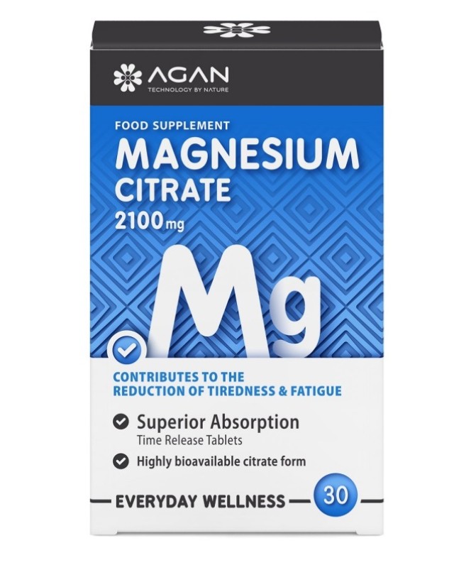 Agan Magnesium Citrate 2100mg, Αποδίδει 150mg Υψηλής Βιοδιαθεσιμότητας Μαγνήσιο 30 Ταμπλέτες
