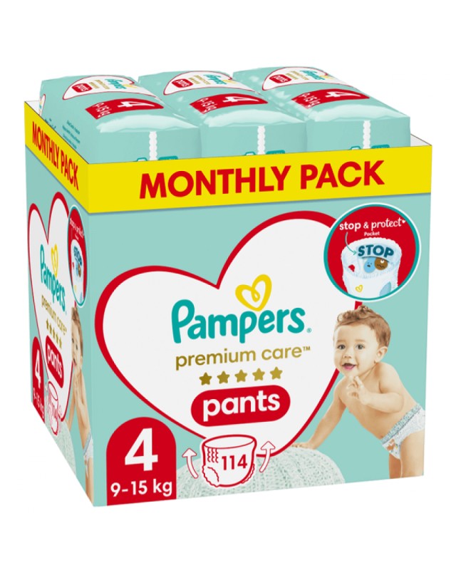 Pampers Premium Care Pants No4 9-15 kg Πάνες-Βρακάκι 114τεμ (Monthly Pack)