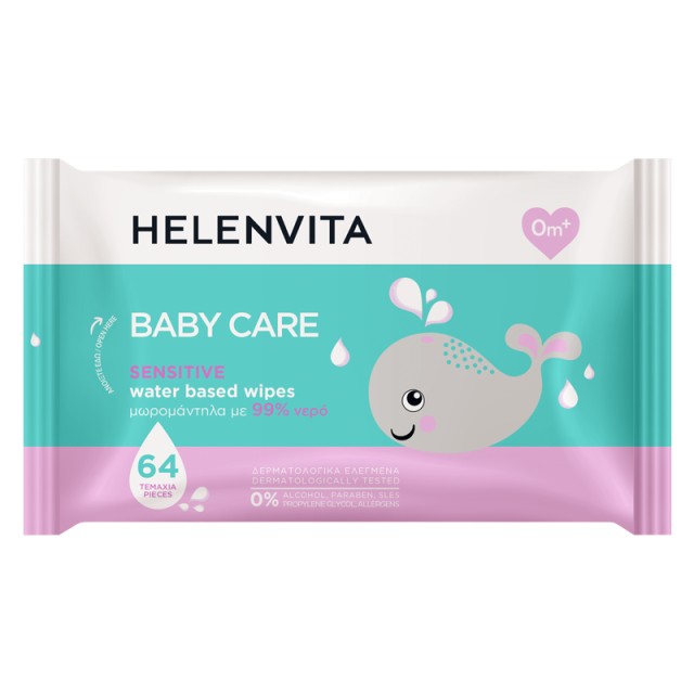 Helenvita Baby Care Sensitive Water Based Wipes, Μωρομάντηλα με 99% Νερό 64 Τεμάχια