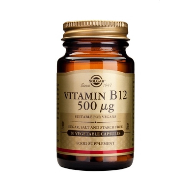 Solgar Vitamin B-12 500mg 50Veg.Caps. Υποστηρίζει την ομαλή λειτουργία του νευρικού συστήματος και τις ομαλές ψυχολογικές λειτουργίες