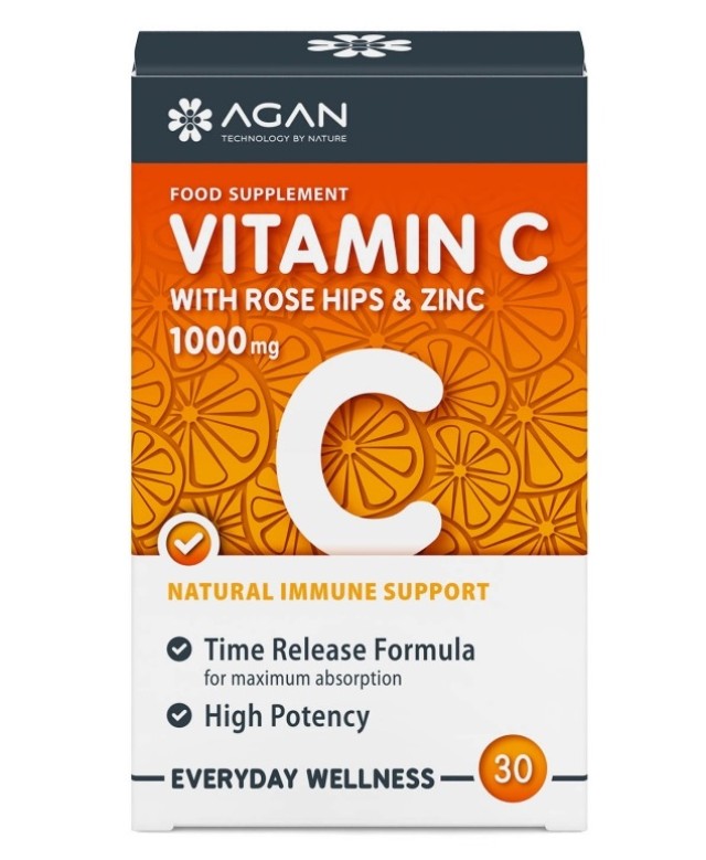 Agan Vitamin C with Rose Hips & Zinc, Βιταμίνη C Υψηλής Ισχύος, Σκόνη Καρπών Αγριοτριανταφυλλιάς και Ψευδάργυρο 30 Ταμπλέτες