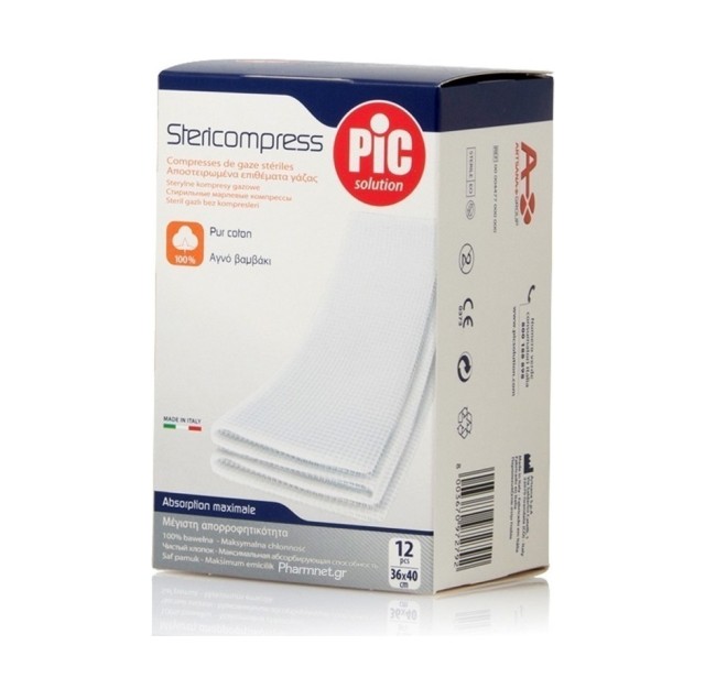 Pic Solution Stericompress, Αποστειρωμένα Επιθέματα Γάζας από 100% Αγνό Βαμβάκι 36x40cm 12 Τεμάχια
