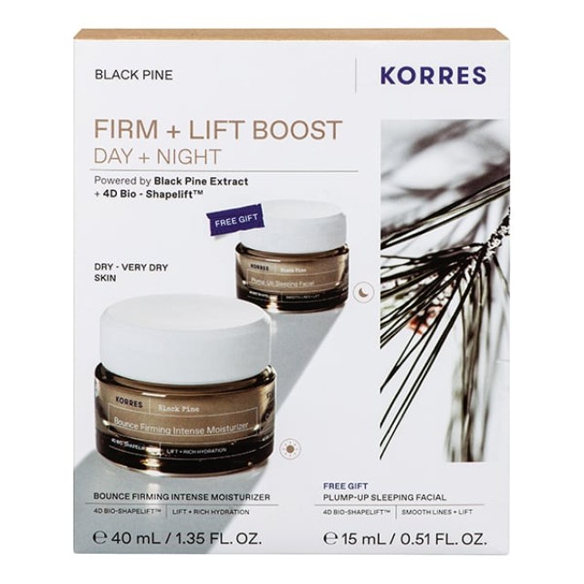 Korres Promo Black Pine Firming & Lift Boost Day & Night  Κρέμα Σύσφιξης Ημέρας  Για Ξηρές - Πολύ Ξηρές Επιδερμίδες 40ml & Δώρο Pump-Up Sleeping Facial Κρέμα Σύσφιξης Νύχτας 15ml