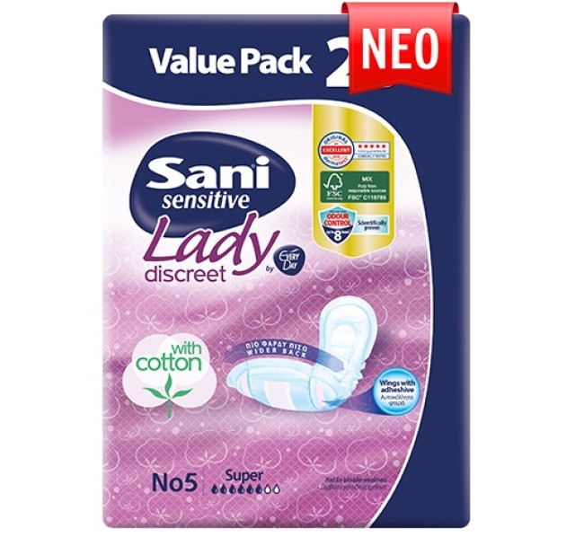 Sani Lady Sensitive Discreet Super Επιθέματα Ελαφριάς Ακράτειας, 20 Τεμάχια