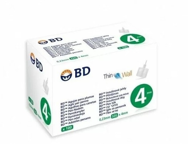 BD Thin Wall Αποστειρωμένες Βελόνες για Πένες Ινσουλίνης 4mm x 0.23mm (32G) 100τμχ