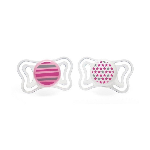 Chicco PhysioForma Light 6-16m Πιπίλες Σιλικόνης Χρώμα Ροζ Αστέρια & Διάφανη 2 Τεμάχια