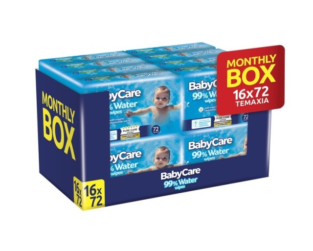 BabyCare 99% Water Μωρομάντηλα με 99% Αγνό Νερό & Εκχύλισμα Οργανικού Χαμομηλιού Monthly Box 16x72 τεμάχια