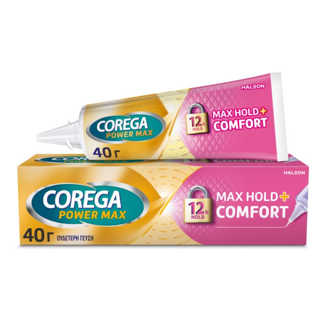 Corega Max Hold & Comfort, Στερεωτική Κρέμα Τεχνητής Οδοντοστοιχίας Για Έως Και 12 Ώρες Συγκράτησης 40gr