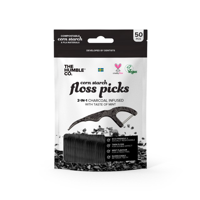 The Humble Co. Dental Floss Charcoal Picks Μεσοδόντια 2 σε 1 με Ενεργό Άνθρακα, 50 τεμάχια