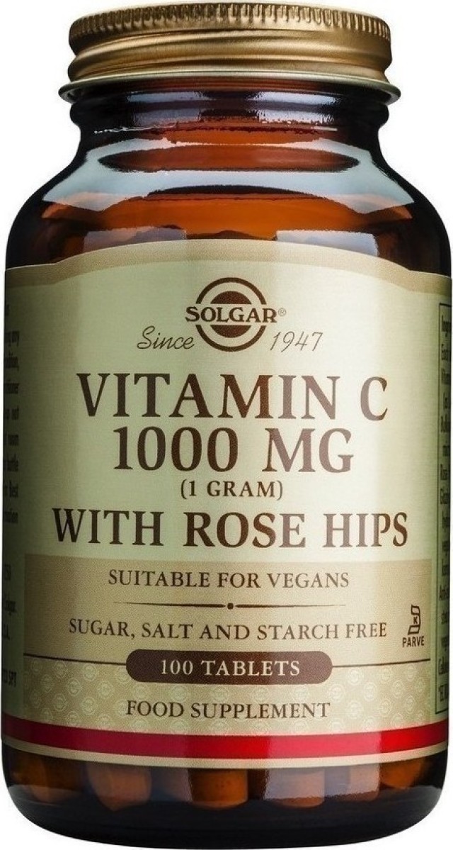 Solgar Vitamin C with Rose Hips 1000mg, 100Tabs. Βοηθά στην αντιμετώπιση του οξειδωτικού στρες