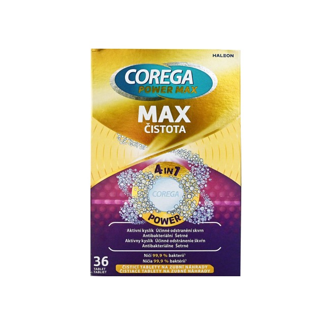 Corega Power Max Clean 4in7 Καθαριστικά Δισκία για Τεχνητές Οδοντοστοιχίες με Περισσότερο Ενεργό Οξυγόνο 36tabs